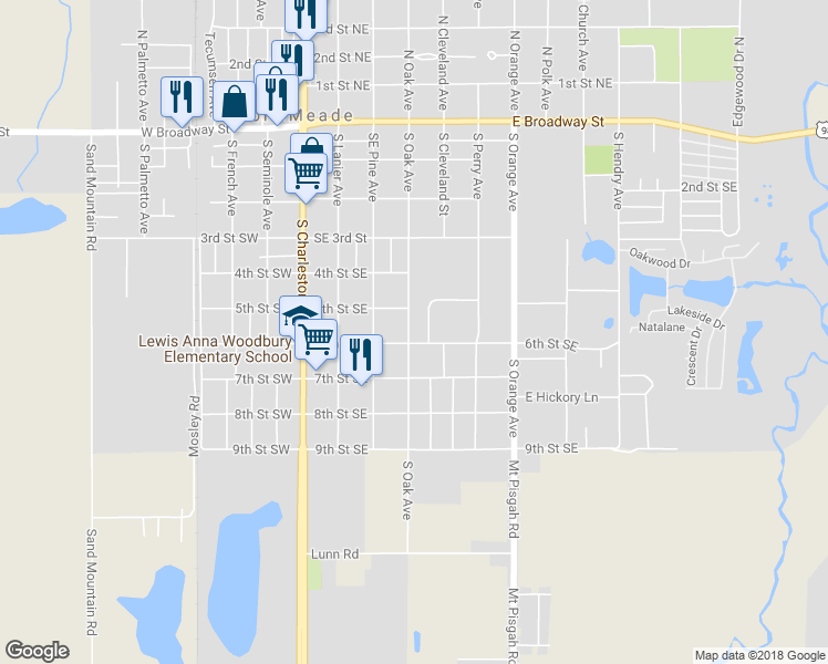 map of restaurants, bars, coffee shops, grocery stores, and more near 523 South Oak Avenue in Fort Meade