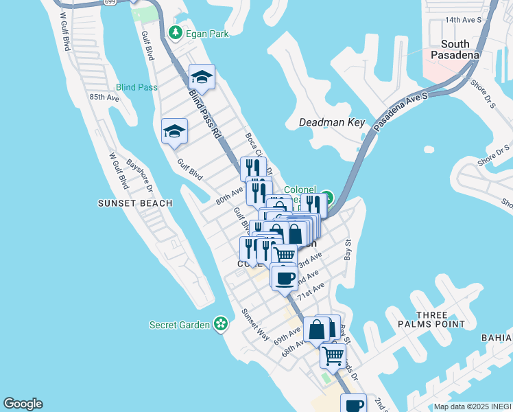 map of restaurants, bars, coffee shops, grocery stores, and more near 7859A Blind Pass Road in St. Pete Beach