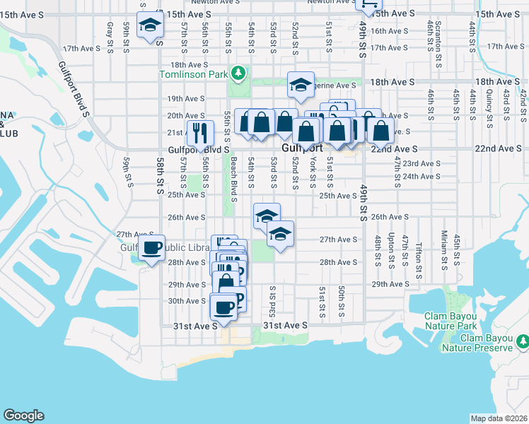 map of restaurants, bars, coffee shops, grocery stores, and more near 4715 26th Avenue South in Gulfport