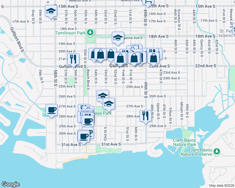 map of restaurants, bars, coffee shops, grocery stores, and more near 5202 25th Avenue South in Gulfport