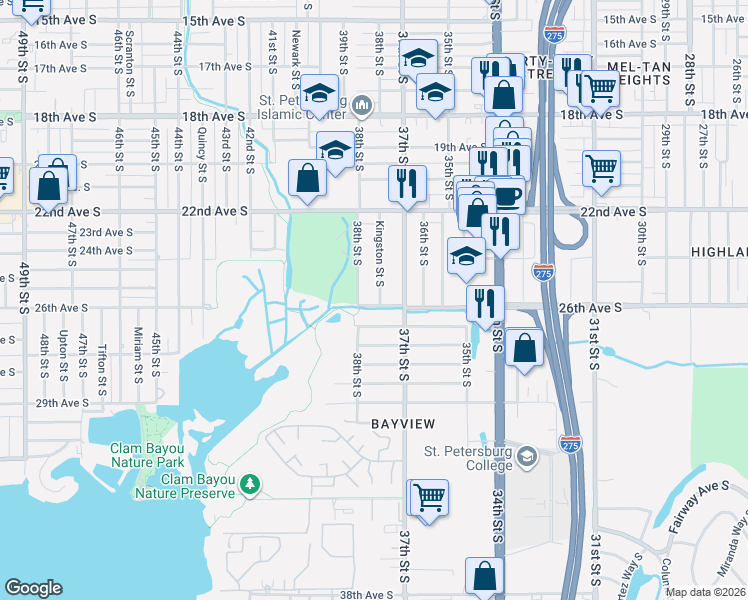 map of restaurants, bars, coffee shops, grocery stores, and more near 2547 Kingston Street South in St. Petersburg
