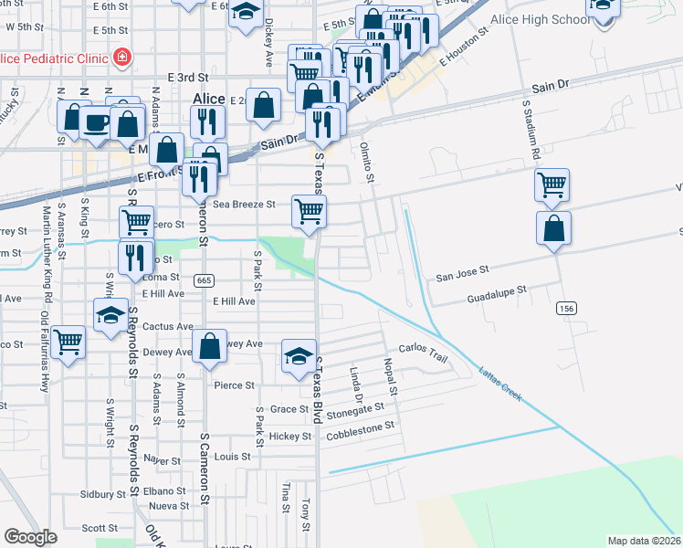 map of restaurants, bars, coffee shops, grocery stores, and more near 1107 Miranda Street in Alice