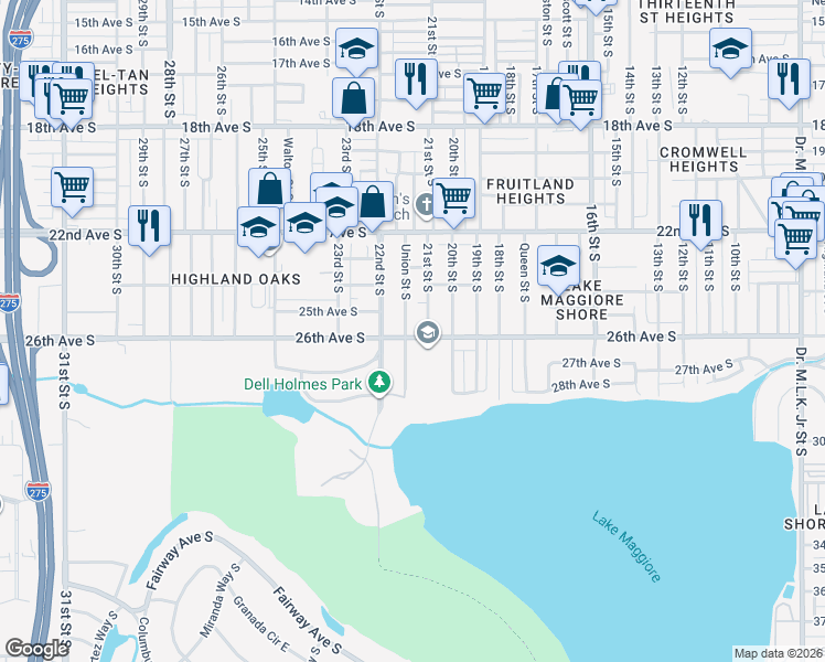 map of restaurants, bars, coffee shops, grocery stores, and more near 2531 Union Street South in St. Petersburg
