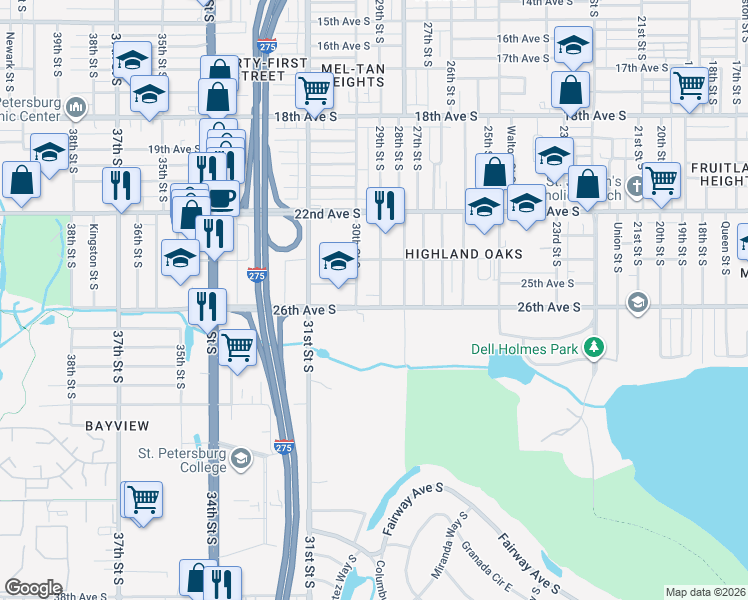 map of restaurants, bars, coffee shops, grocery stores, and more near 2911 26th Avenue South in Saint Petersburg