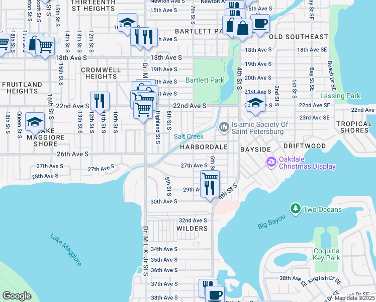 map of restaurants, bars, coffee shops, grocery stores, and more near 721 26th Avenue South in Saint Petersburg
