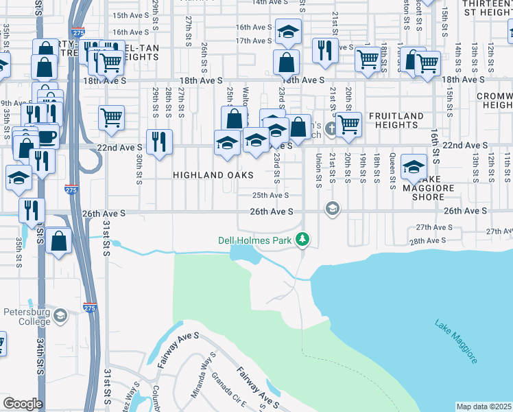 map of restaurants, bars, coffee shops, grocery stores, and more near 2442 25th Avenue South in St. Petersburg