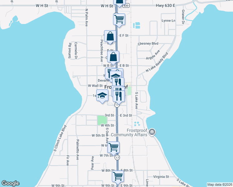map of restaurants, bars, coffee shops, grocery stores, and more near in Frostproof