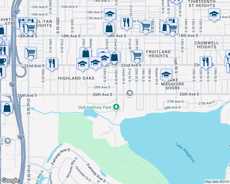 map of restaurants, bars, coffee shops, grocery stores, and more near 2218 25th Avenue South in St. Petersburg