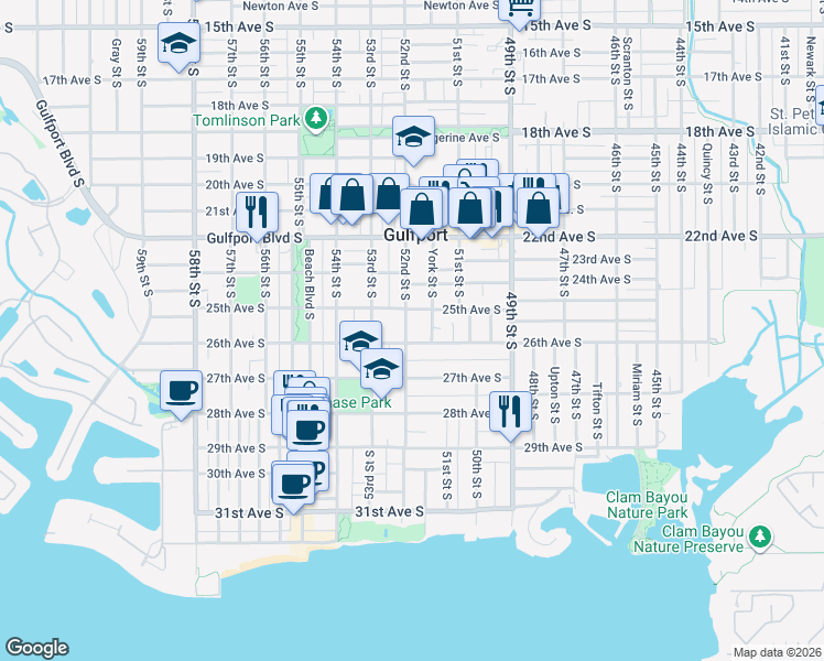 map of restaurants, bars, coffee shops, grocery stores, and more near 5202 25th Avenue South in Gulfport