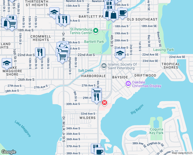 map of restaurants, bars, coffee shops, grocery stores, and more near 2501 6th Street South in St. Petersburg