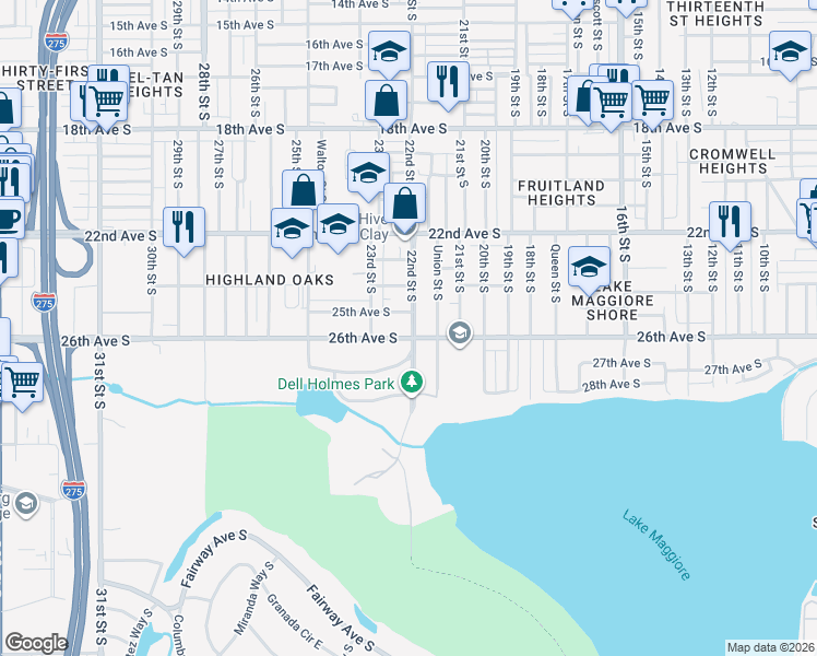 map of restaurants, bars, coffee shops, grocery stores, and more near 2218 25th Avenue South in St. Petersburg