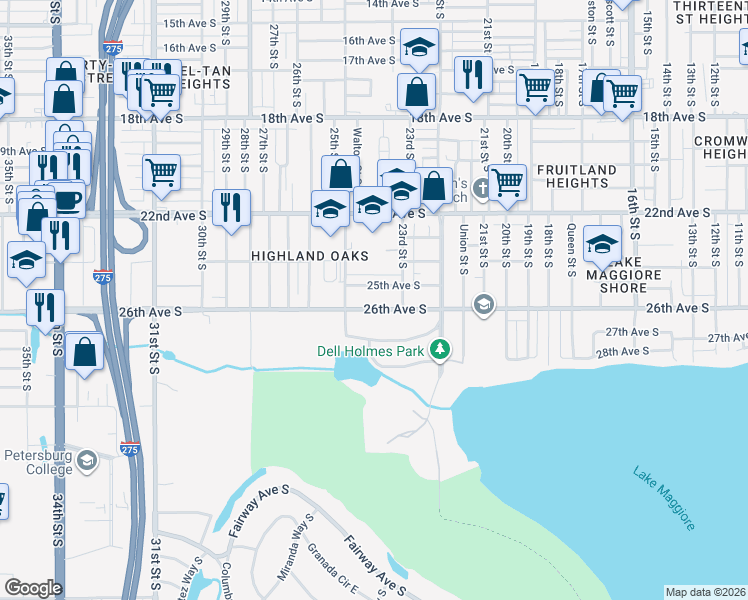 map of restaurants, bars, coffee shops, grocery stores, and more near 2442 25th Avenue South in St. Petersburg