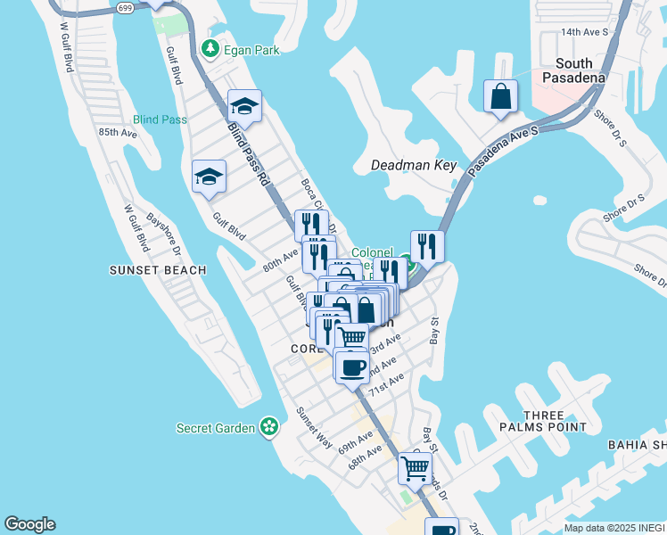 map of restaurants, bars, coffee shops, grocery stores, and more near 7740 Boca Ciega Drive in St. Pete Beach