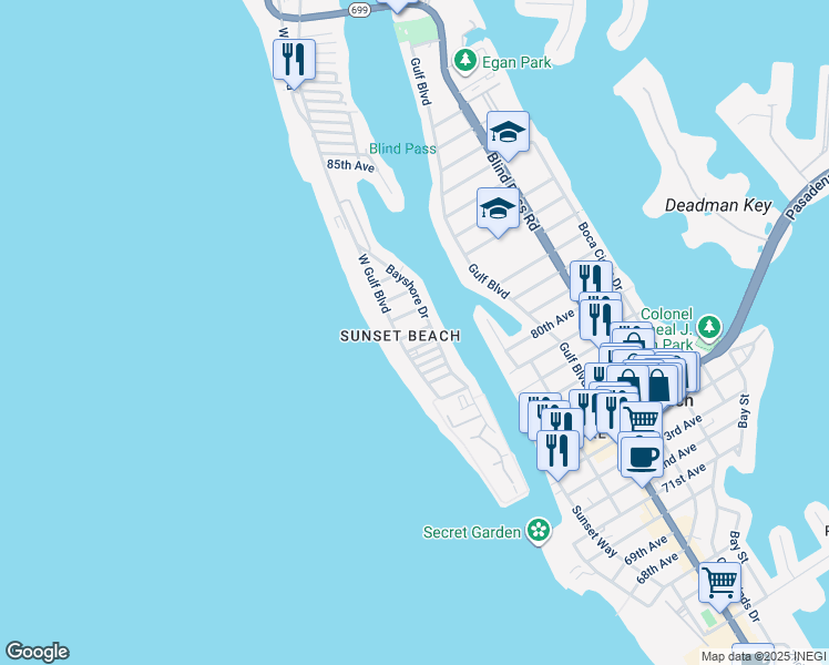 map of restaurants, bars, coffee shops, grocery stores, and more near 7 82nd Avenue in Treasure Island
