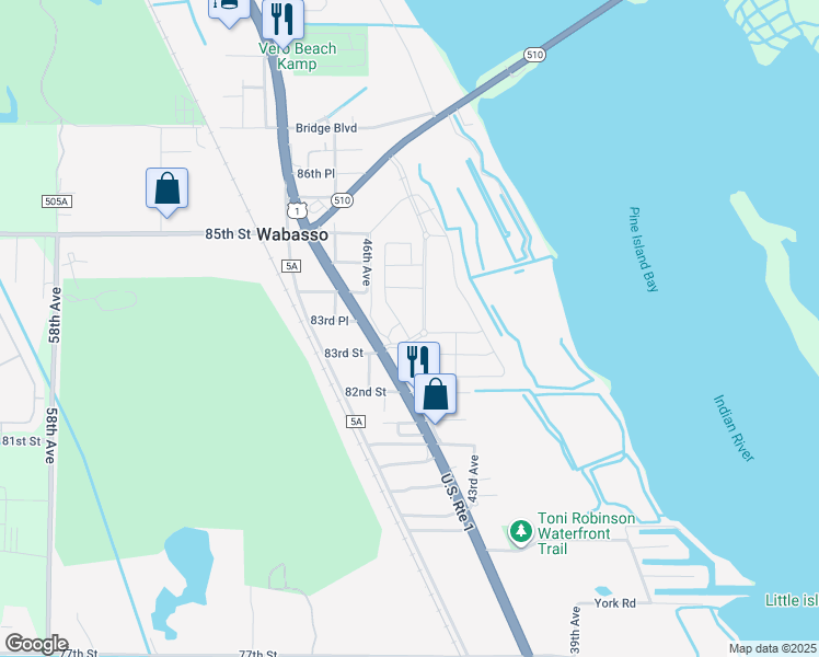 map of restaurants, bars, coffee shops, grocery stores, and more near Unnamed Road in Vero Beach