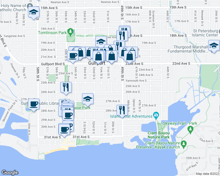 map of restaurants, bars, coffee shops, grocery stores, and more near 2519 51st Street South in Gulfport