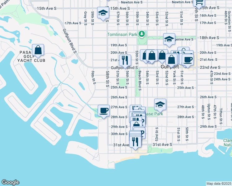 map of restaurants, bars, coffee shops, grocery stores, and more near 2519 57th Street South in Gulfport