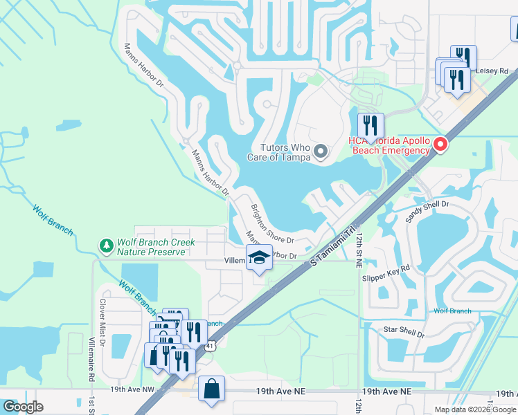 map of restaurants, bars, coffee shops, grocery stores, and more near 5245 Brighton Shore Drive in Apollo Beach