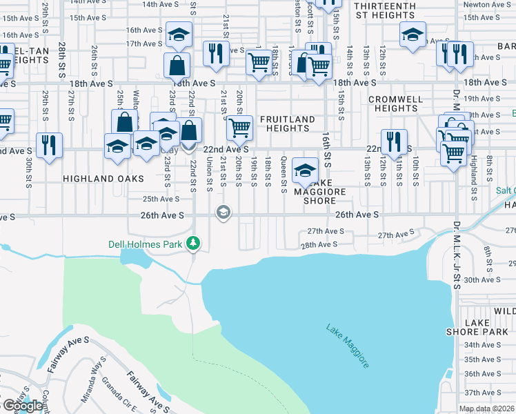 map of restaurants, bars, coffee shops, grocery stores, and more near 2520 19th Street South in St. Petersburg