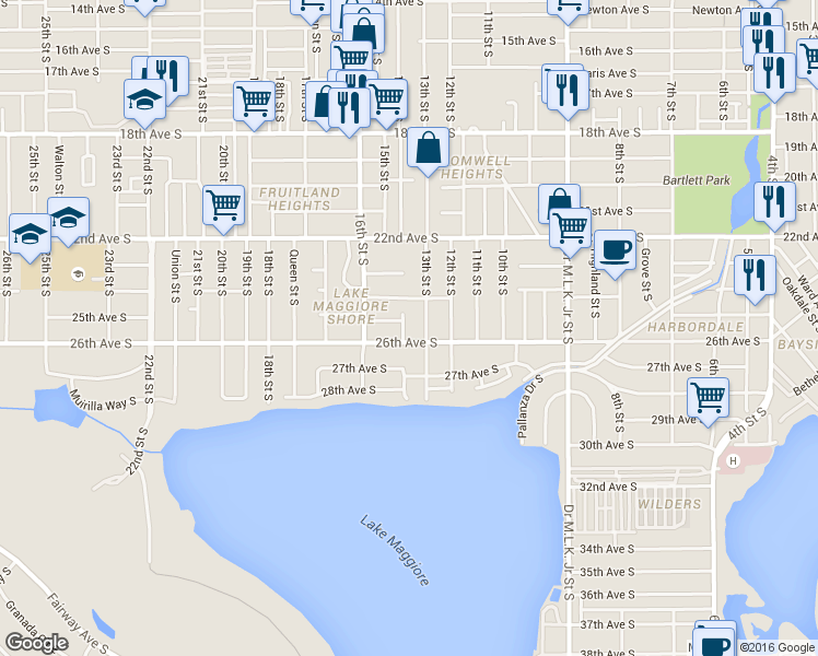 map of restaurants, bars, coffee shops, grocery stores, and more near 2500 14th Street South in St. Petersburg