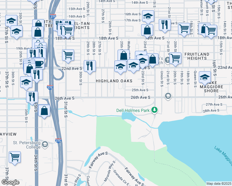map of restaurants, bars, coffee shops, grocery stores, and more near 2499 25th Street South in St. Petersburg