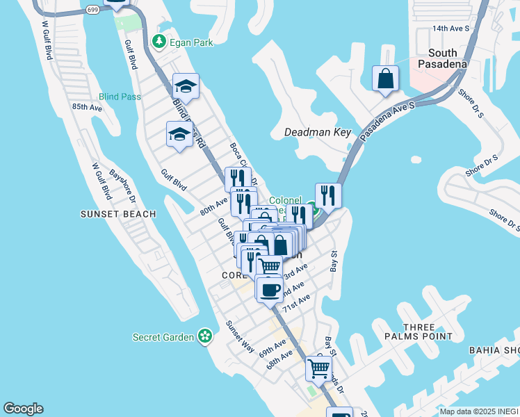map of restaurants, bars, coffee shops, grocery stores, and more near 7740 Boca Ciega Drive in St. Pete Beach