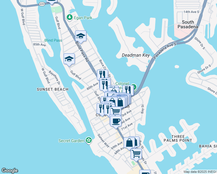map of restaurants, bars, coffee shops, grocery stores, and more near 7859A Blind Pass Road in St. Pete Beach