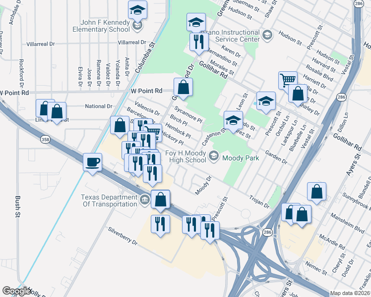 map of restaurants, bars, coffee shops, grocery stores, and more near 1709 Hickory Place in Corpus Christi