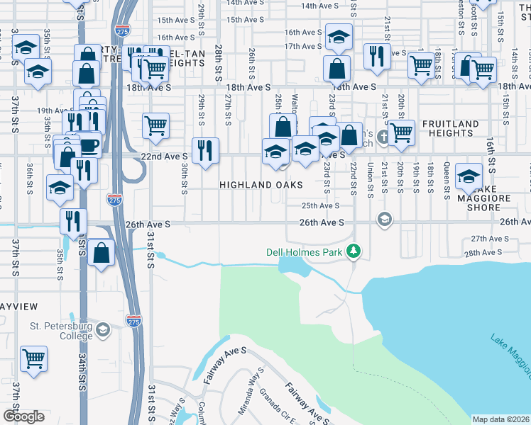 map of restaurants, bars, coffee shops, grocery stores, and more near 2499 25th Street South in St. Petersburg