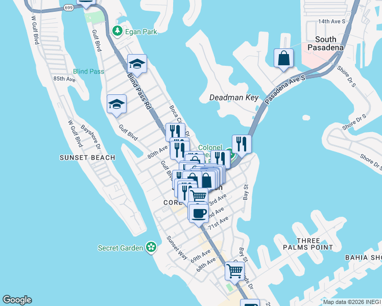 map of restaurants, bars, coffee shops, grocery stores, and more near 310 78th Avenue in St. Pete Beach