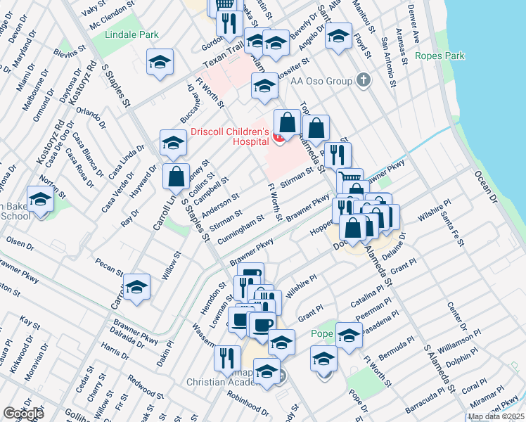 map of restaurants, bars, coffee shops, grocery stores, and more near 910 Cunningham Street in Corpus Christi