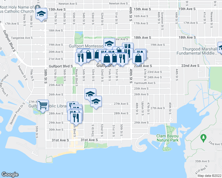 map of restaurants, bars, coffee shops, grocery stores, and more near 2518 York Street South in Gulfport