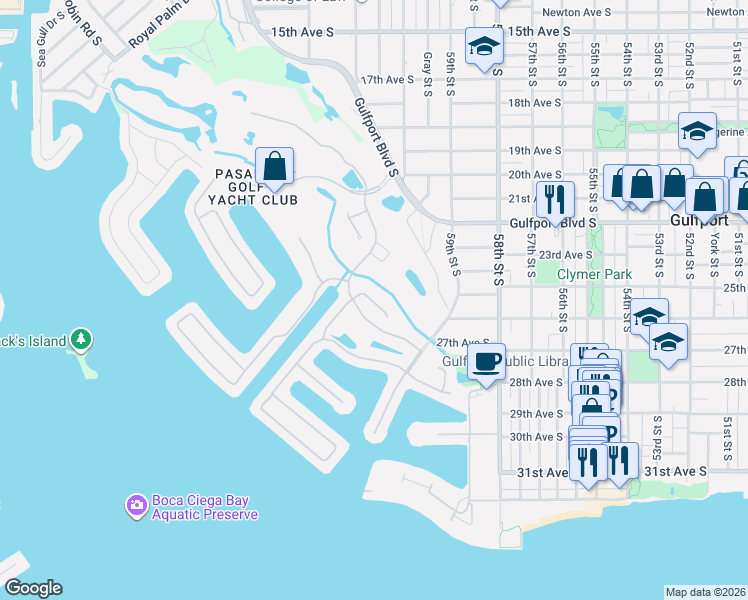 map of restaurants, bars, coffee shops, grocery stores, and more near 5949 Bay Drive South in Gulfport