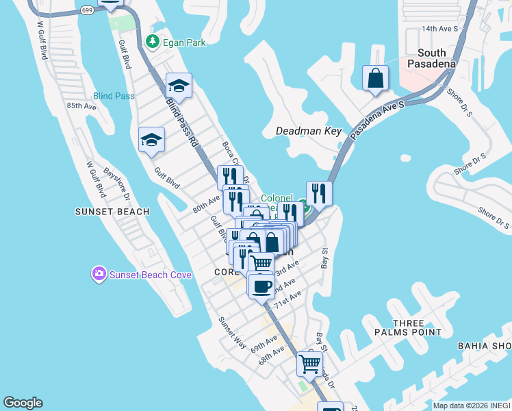 map of restaurants, bars, coffee shops, grocery stores, and more near 7740 Boca Ciega Drive in St. Pete Beach