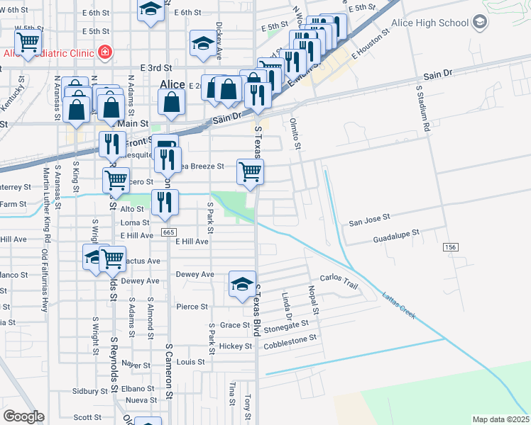 map of restaurants, bars, coffee shops, grocery stores, and more near 1107 Miranda Street in Alice