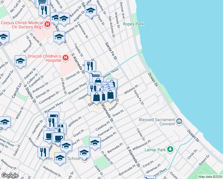 map of restaurants, bars, coffee shops, grocery stores, and more near 356 Doddridge Street in Corpus Christi