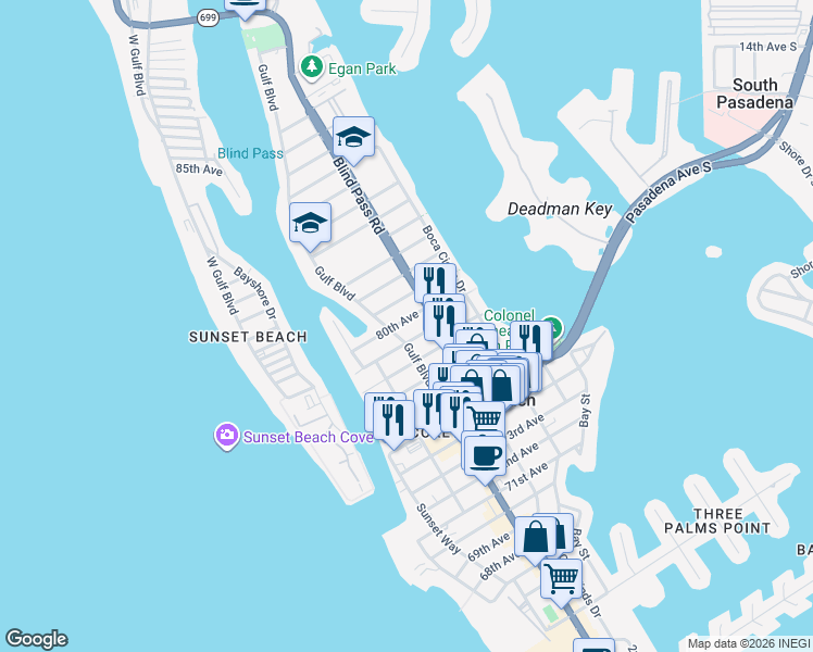 map of restaurants, bars, coffee shops, grocery stores, and more near 440 80th Avenue in St. Pete Beach