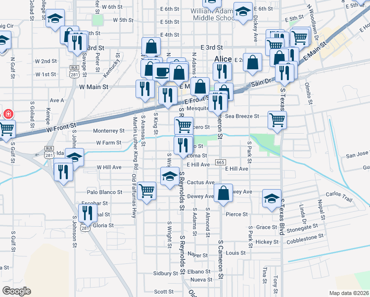 map of restaurants, bars, coffee shops, grocery stores, and more near 501 South Reynolds Street in Alice