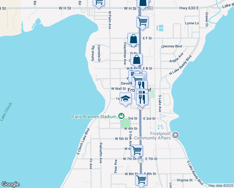 map of restaurants, bars, coffee shops, grocery stores, and more near 12 South Magnolia Avenue in Frostproof