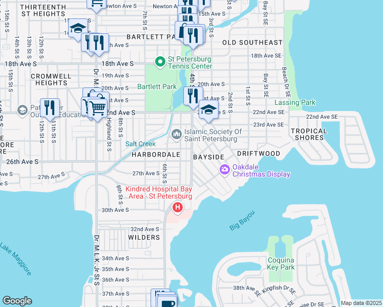 map of restaurants, bars, coffee shops, grocery stores, and more near 2522 Bayside Drive South in St. Petersburg