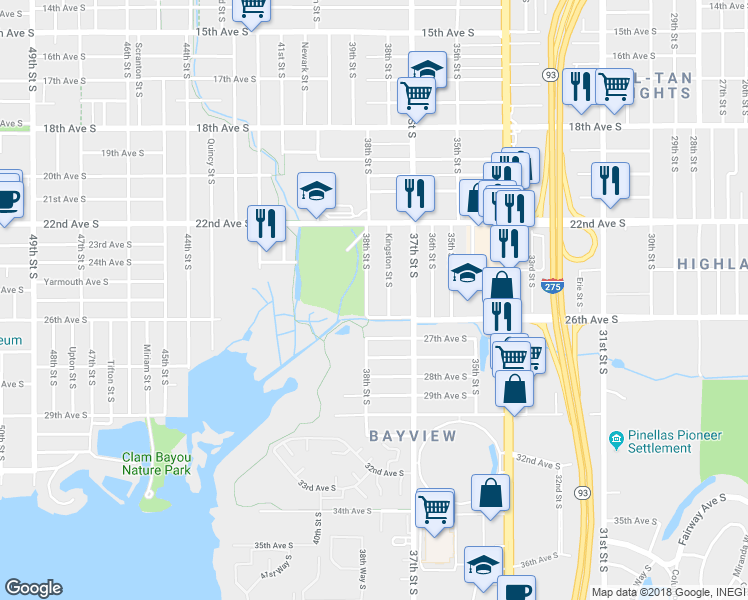 map of restaurants, bars, coffee shops, grocery stores, and more near 2501 Kingston Street South in St. Petersburg