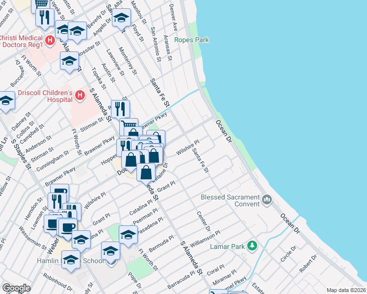 map of restaurants, bars, coffee shops, grocery stores, and more near 302 Wilshire Place in Corpus Christi