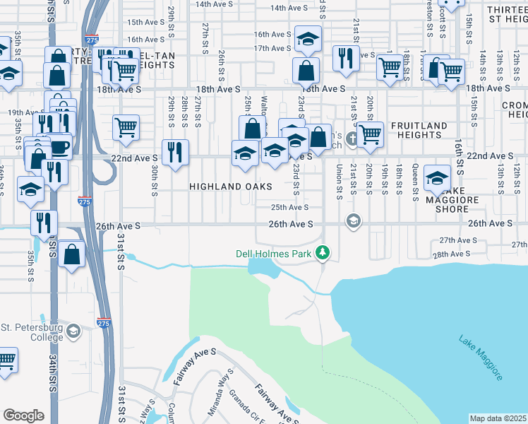 map of restaurants, bars, coffee shops, grocery stores, and more near 2442 25th Avenue South in St. Petersburg