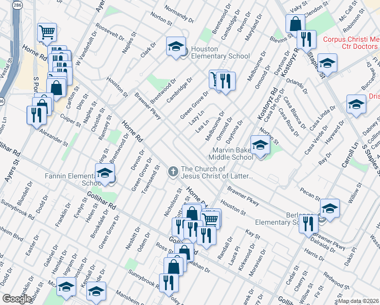 map of restaurants, bars, coffee shops, grocery stores, and more near 2929 Brawner Parkway in Corpus Christi