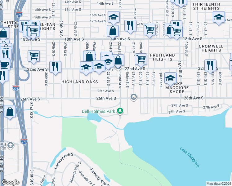 map of restaurants, bars, coffee shops, grocery stores, and more near 2218 25th Avenue South in St. Petersburg