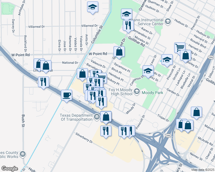 map of restaurants, bars, coffee shops, grocery stores, and more near 1621 Bois D Arc Place in Corpus Christi