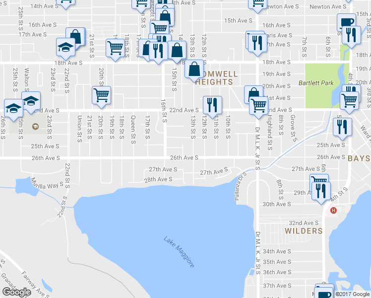 map of restaurants, bars, coffee shops, grocery stores, and more near 2500 14th Street South in Saint Petersburg