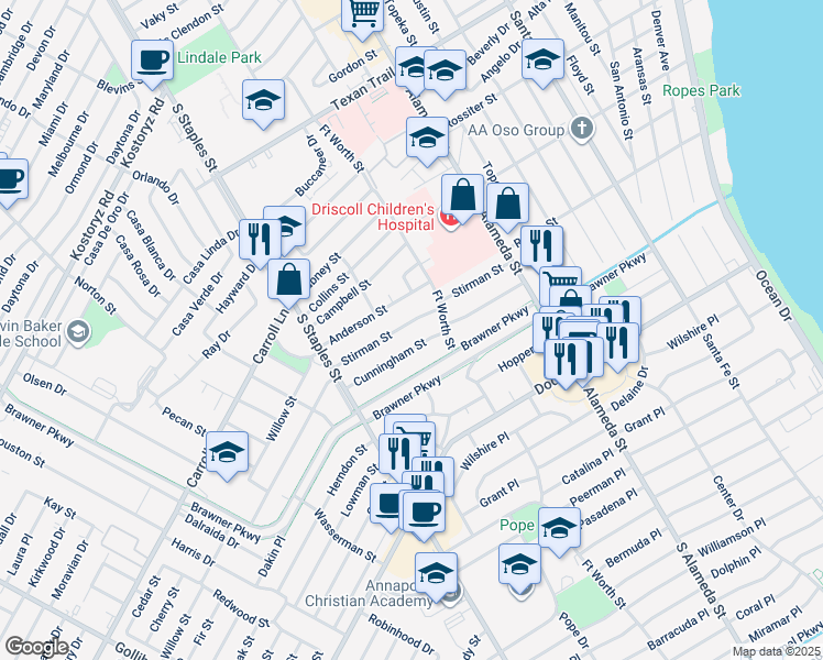 map of restaurants, bars, coffee shops, grocery stores, and more near 910 Cunningham Street in Corpus Christi