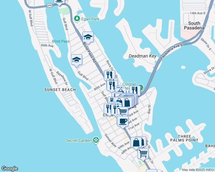 map of restaurants, bars, coffee shops, grocery stores, and more near 7859A Blind Pass Road in St. Pete Beach