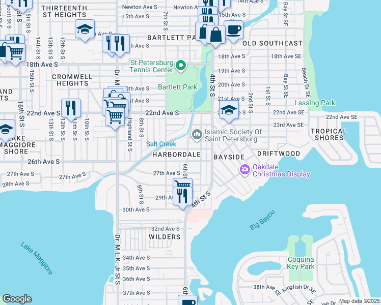 map of restaurants, bars, coffee shops, grocery stores, and more near 2501 6th Street South in St. Petersburg